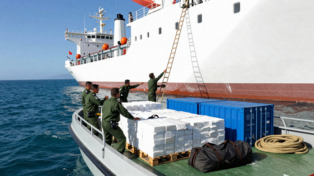 Homens em barco próximo a navio carregando caixas brancas e contentor azul no mar calmo.