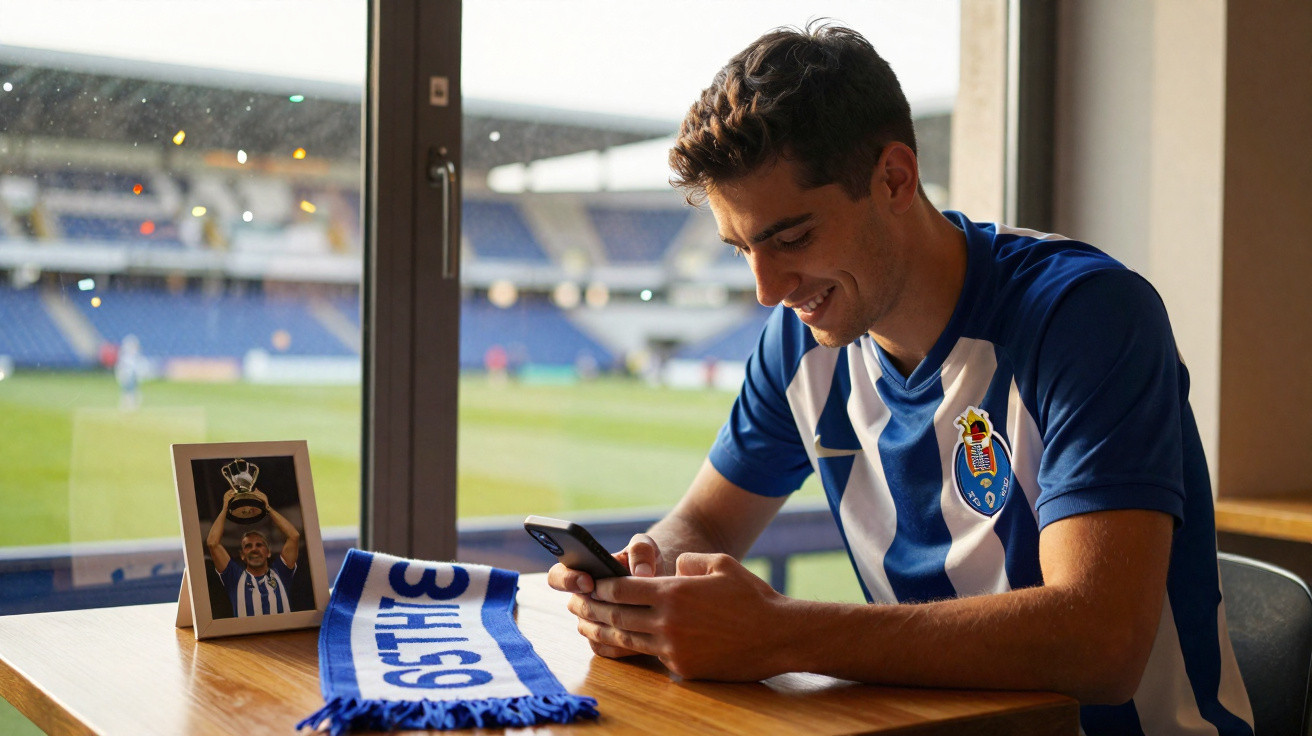 Jovem sorridente com camisa do FC Porto mexendo no celular, com foto e cachecol do time na mesa.