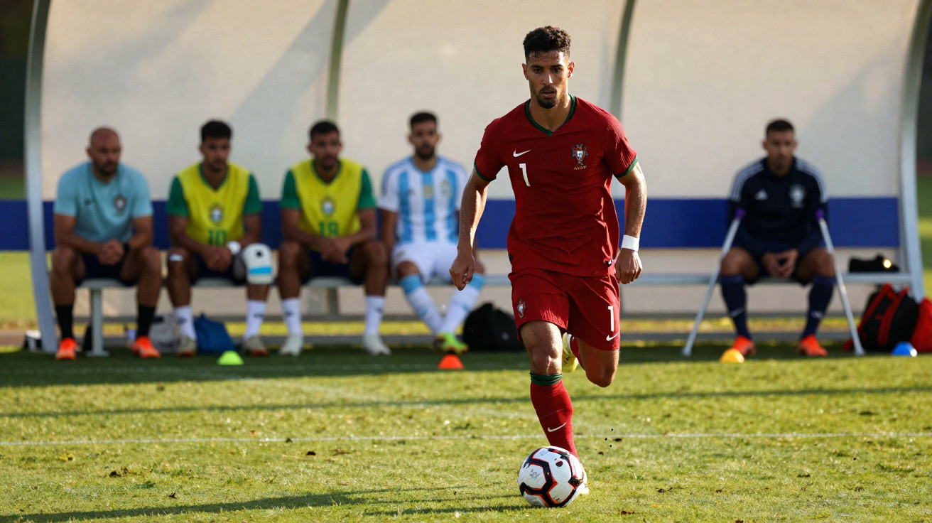 Jogador de futebol de Portugal com a bola em campo, com equipe e técnicos sentados no banco ao fundo.