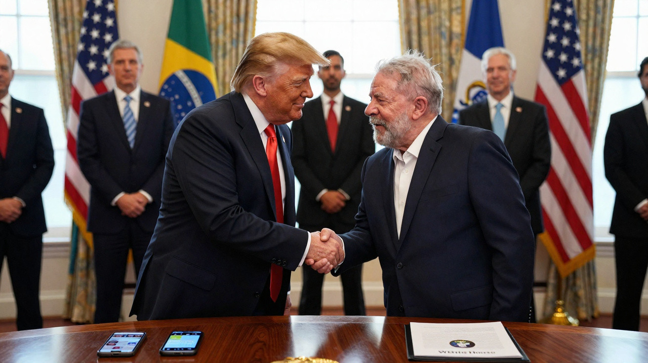 Donald Trump e Luiz Inácio Lula da Silva se cumprimentam em reunião oficial, com bandeiras dos EUA e Brasil ao fundo.
