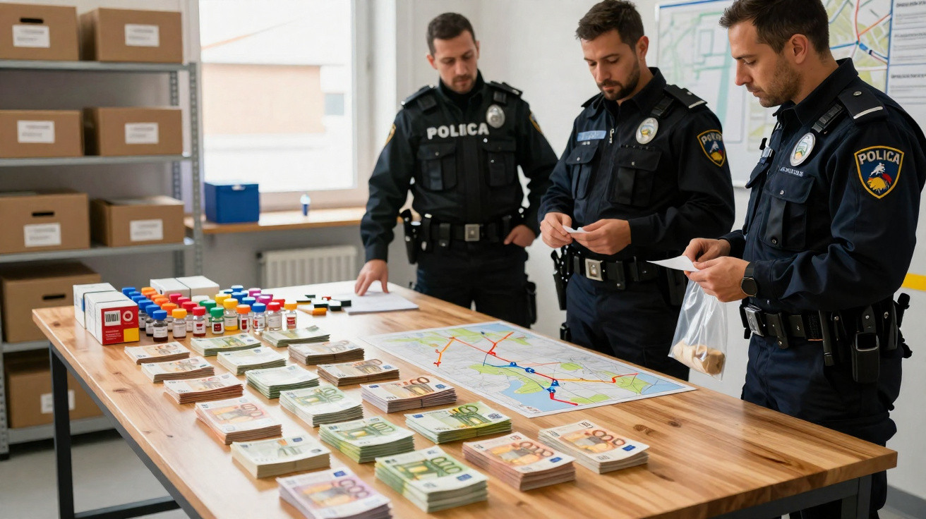 Três policiais analisam dinheiro, mapas e frascos com amostras em uma mesa de madeira em uma sala.