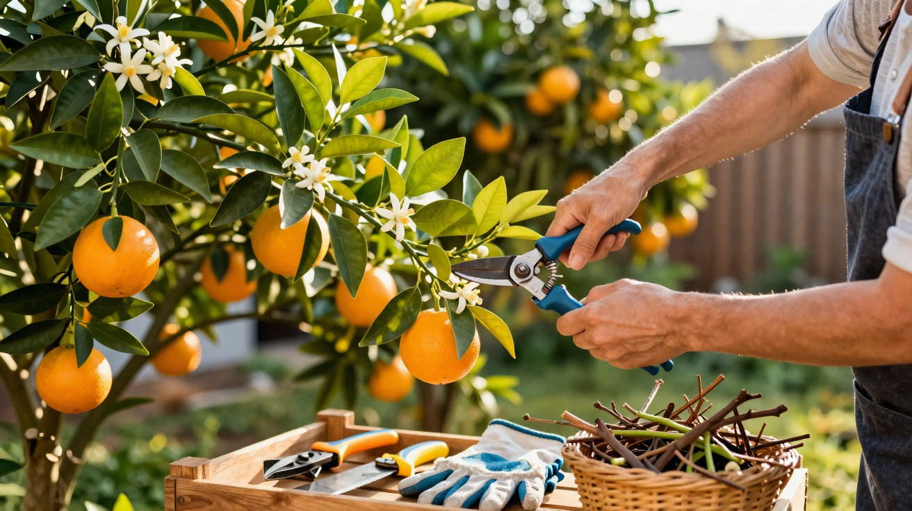 Pessoa podando ramo de laranja com tesoura de jardinagem em pomar ensolarado.