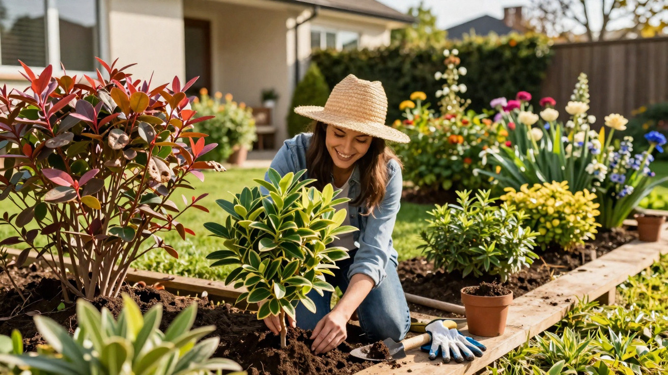 Mulher sorridente plantando arbusto em jardim florido atrás de casa em dia ensolarado.