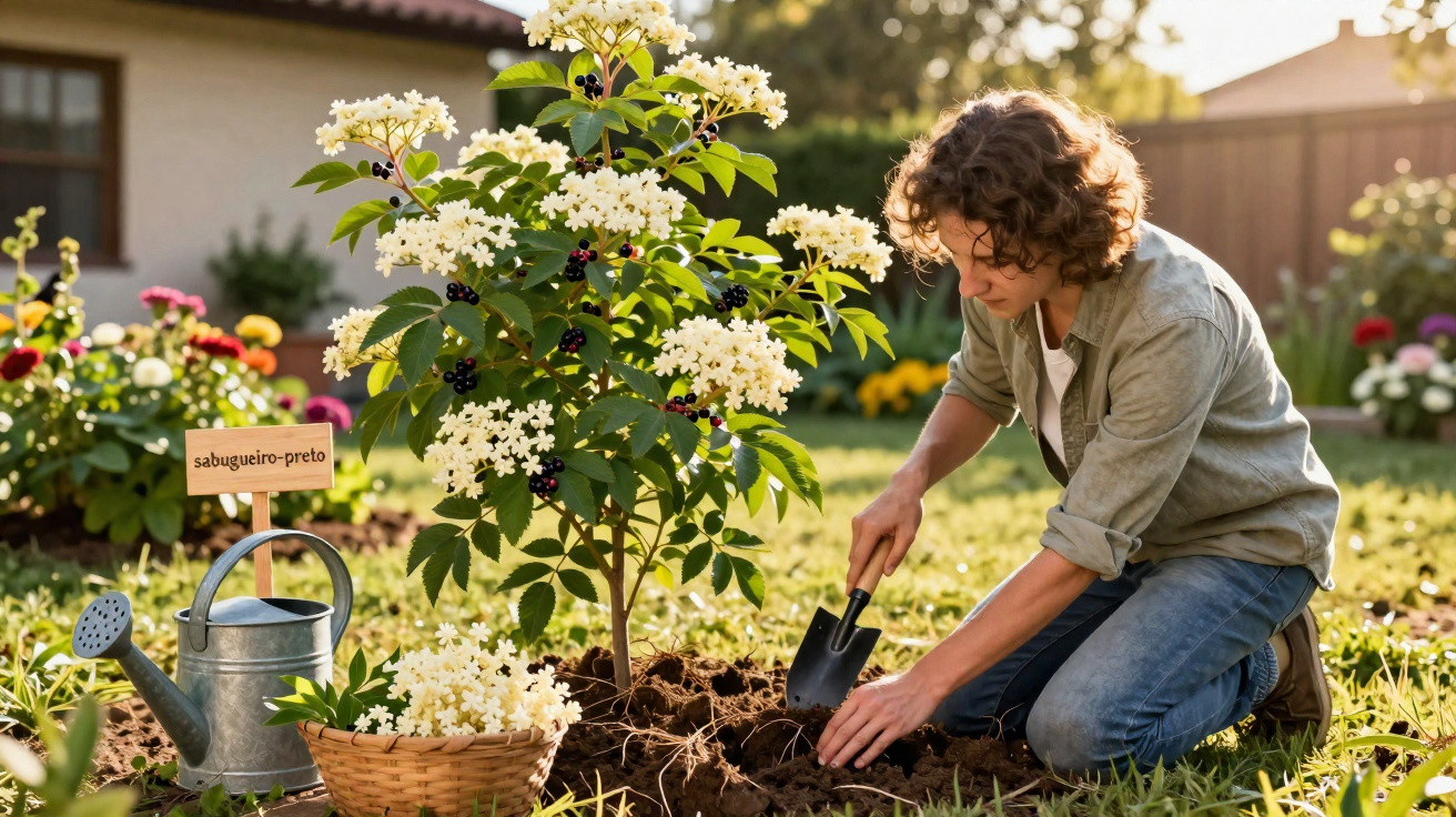 Pessoa plantando arbusto com flores brancas e frutas pretas em jardim doméstico ensolarado.