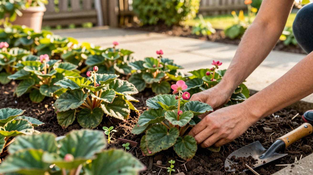 Pessoa cuidando de plantas com flores rosas em um jardim, com ferramentas de jardinagem ao lado.