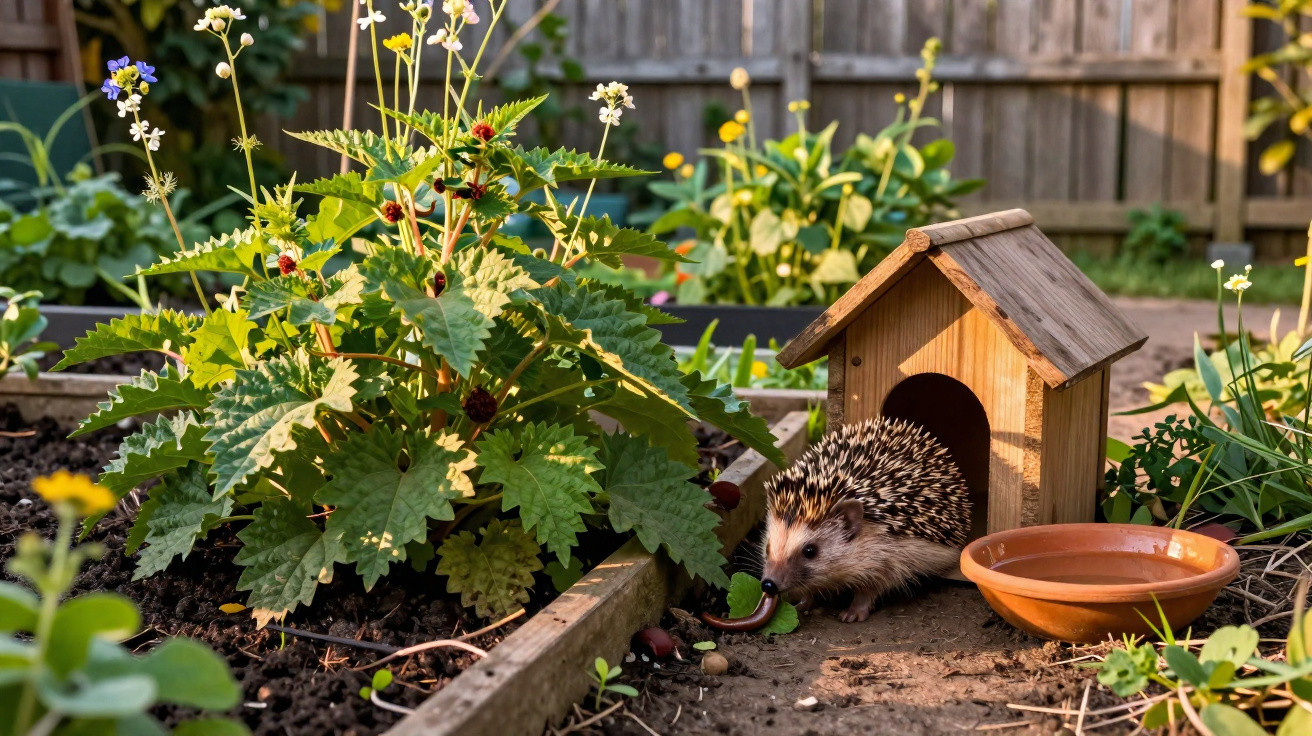 Ouriço se alimenta perto de casa de madeira em jardim com plantas e flores ao ar livre.