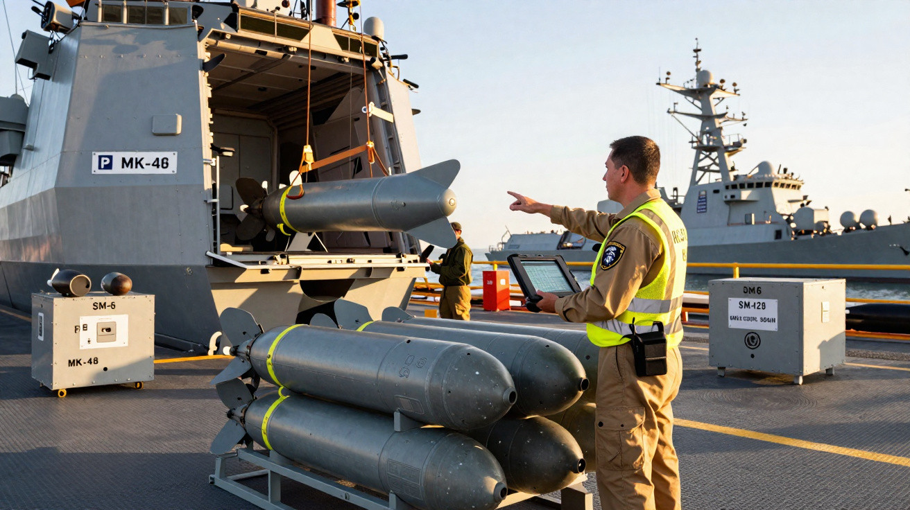 Marinheiro operando lançamento de torpedo em navio de guerra durante o dia.