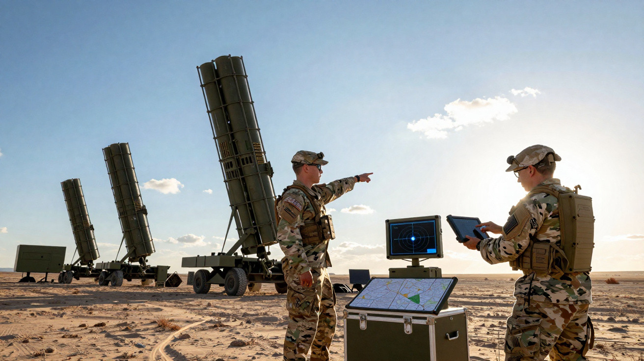 Dois soldados operam sistemas de defesa antiaérea em desertos ao pôr do sol, com telas e equipamentos estratégicos.