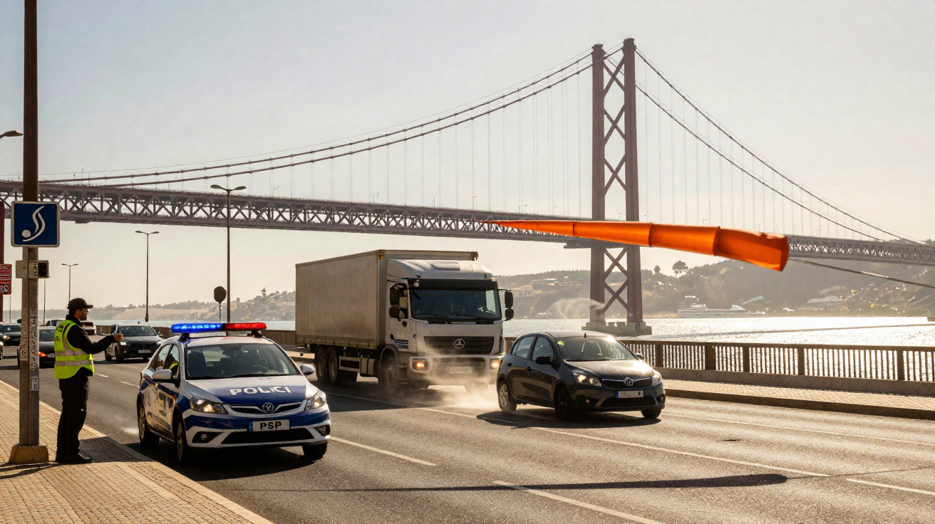 Policial de trânsito controla veículos em ponte suspensa com carro da polícia e caminhão em dia ensolarado.