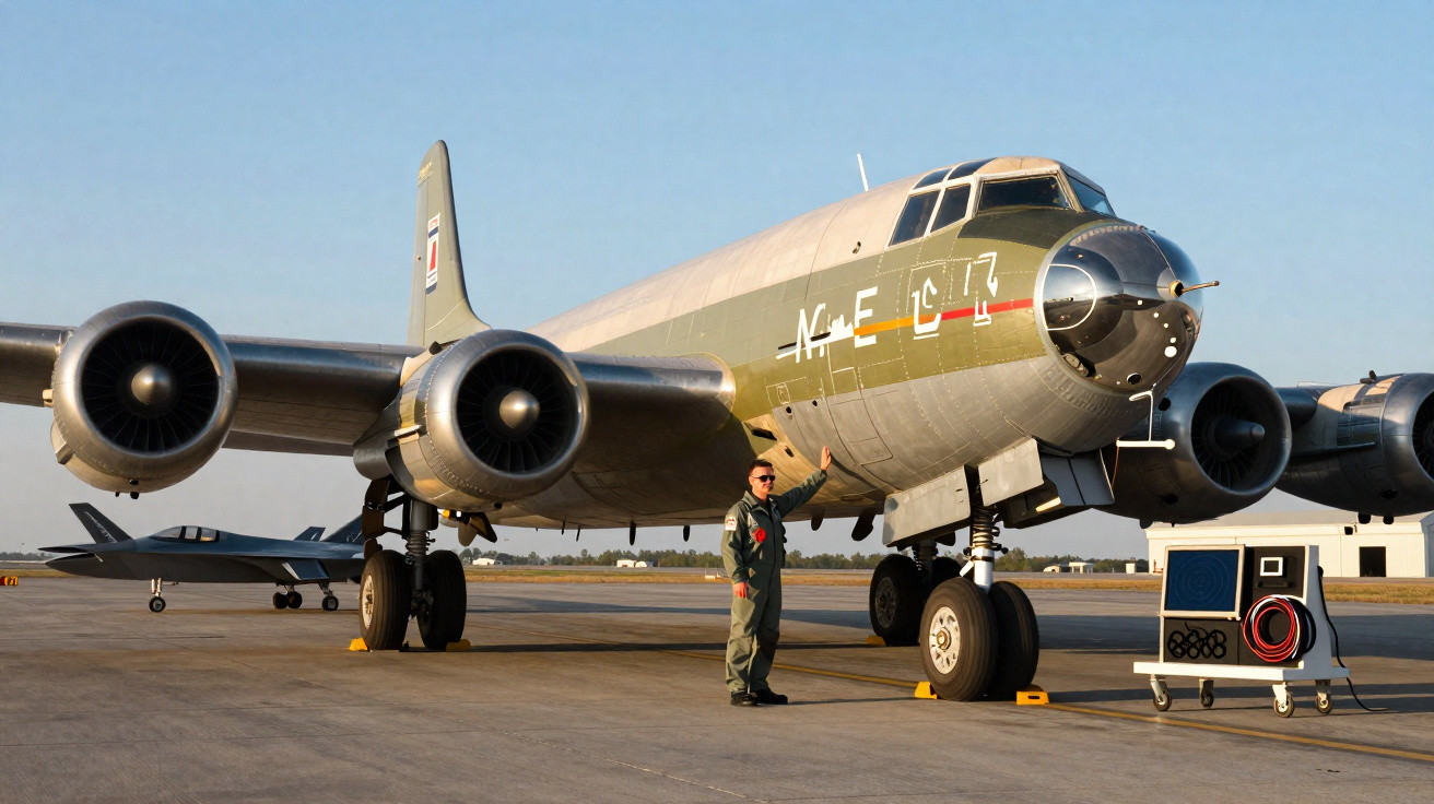 Avião militar antigo verde e cinza no pátio com piloto uniformizado ao lado em dia claro.