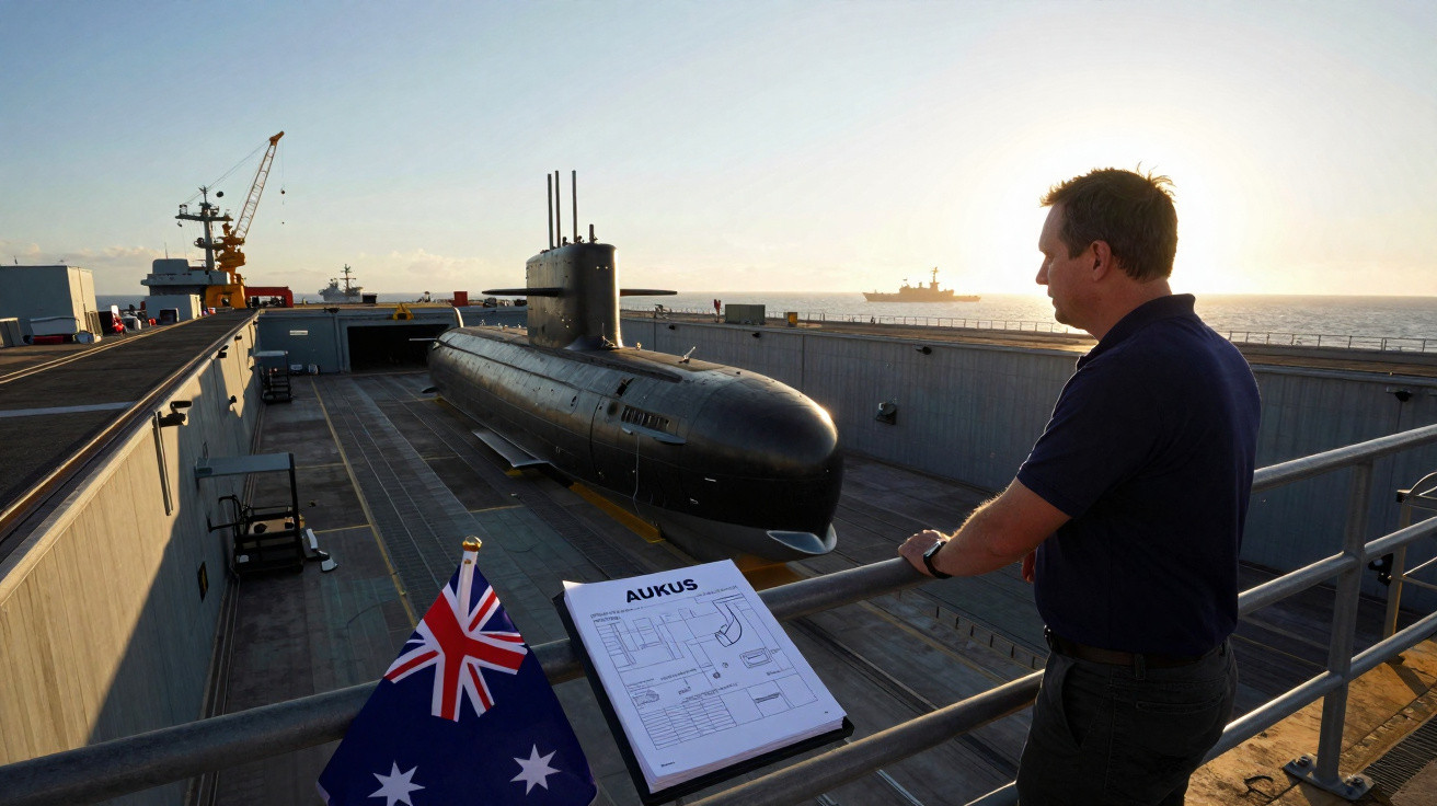 Homem observa submarino preto atracado em cais com bandeira da Austrália ao pôr do sol.