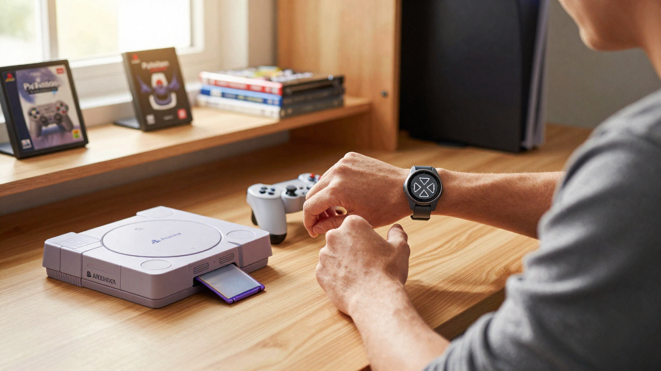 Pessoa com relógio inteligente ao lado de console retrô PlayStation Classic em mesa de madeira.