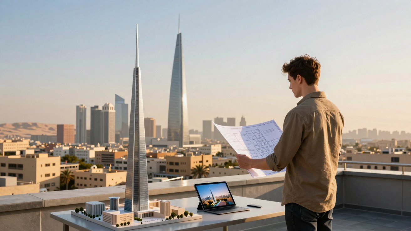Homem observa planta de arquitetura com maquete e laptop em terraço com vista urbana ao fundo.
