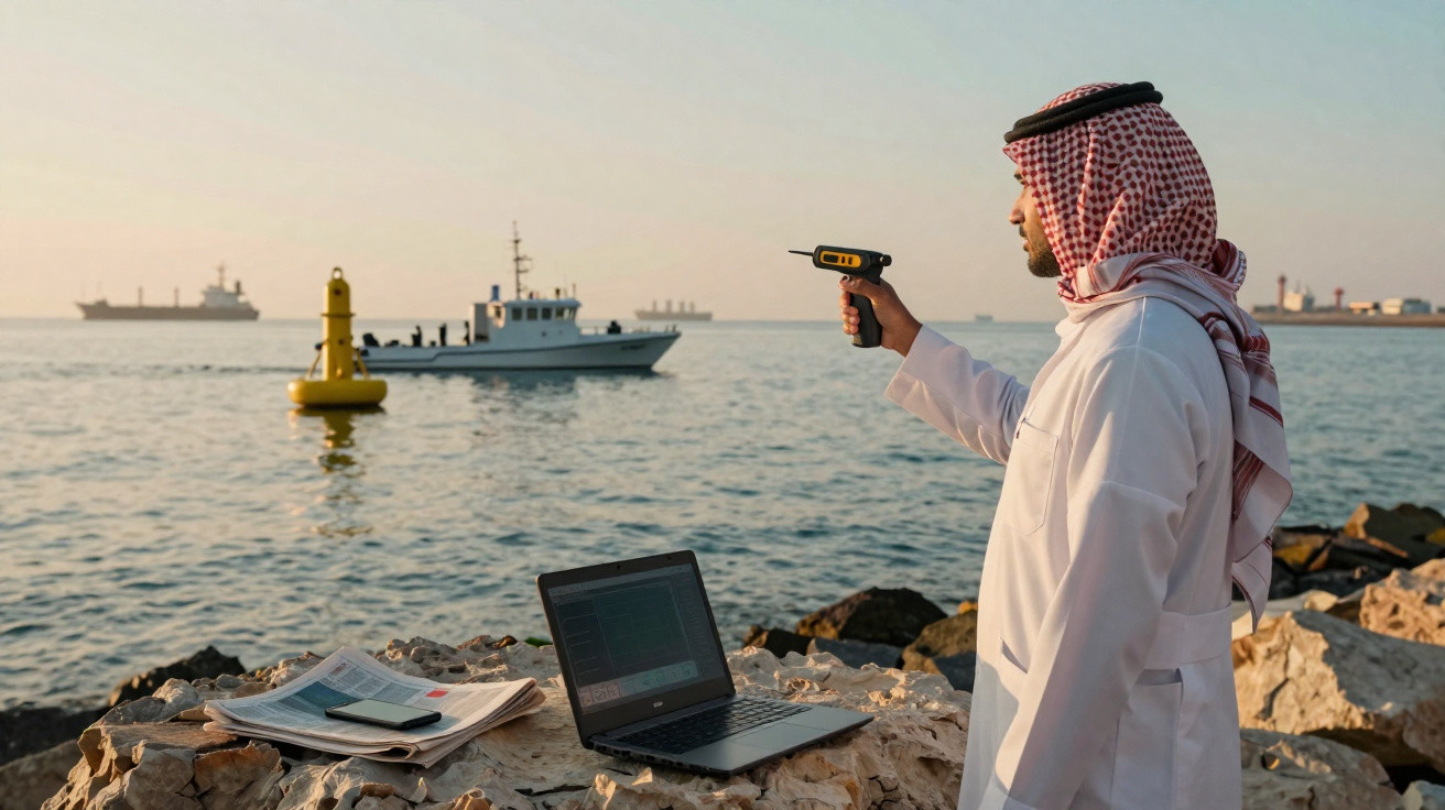 Homem com traje tradicional árabe usando aparelho eletrônico na beira do mar com barco e bóia ao fundo.