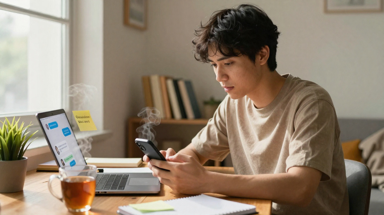 Jovem sentado à mesa usando celular, com laptop, caderno e xícara de chá em ambiente iluminado.