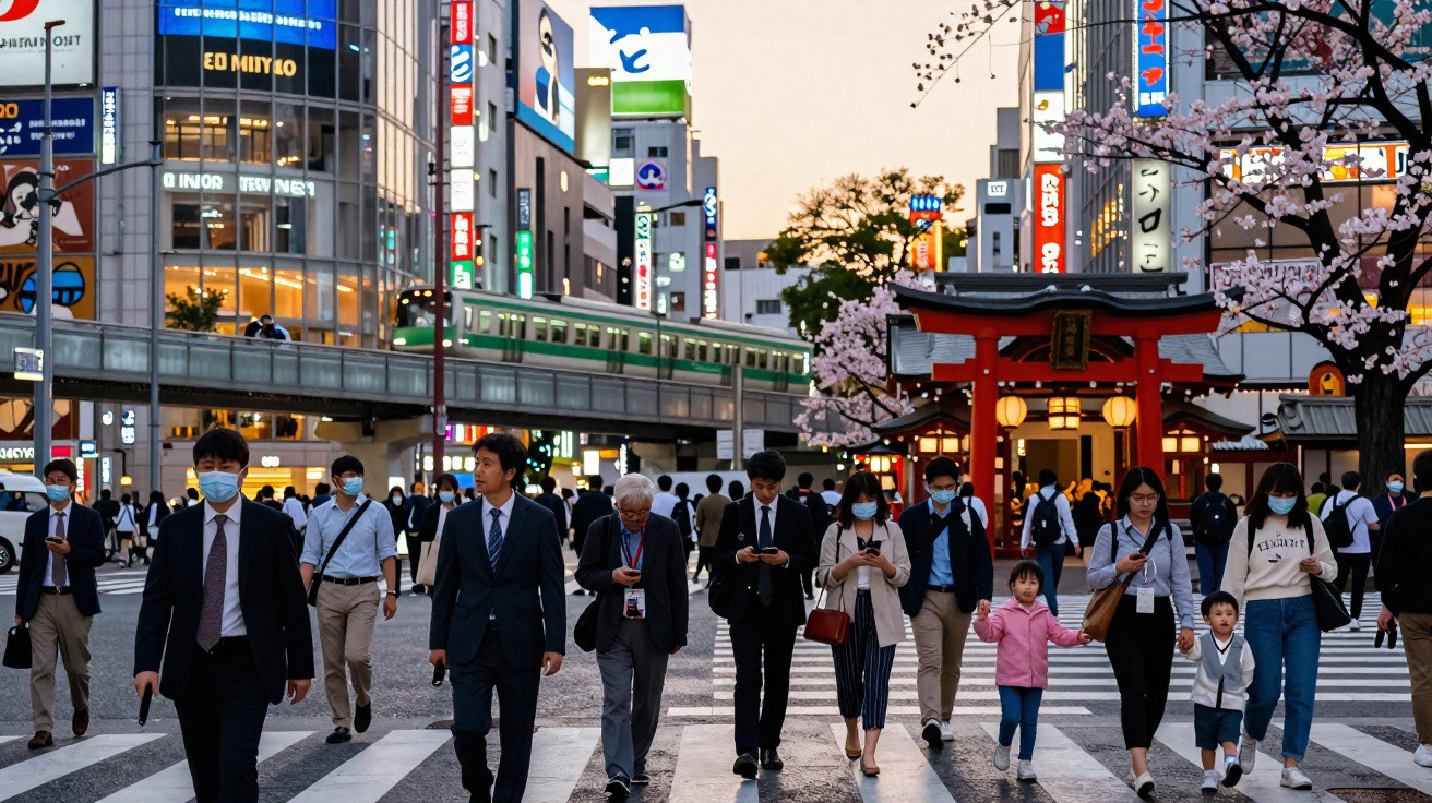 Pessoas atravessando faixa de pedestres em rua movimentada com cerejeiras e trem ao fundo no Japão.