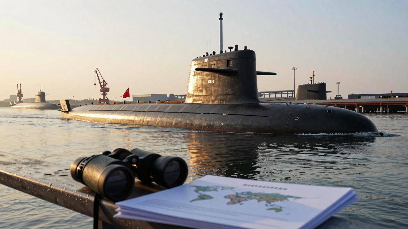 Submarino militar navegando próximo a um cais industrial ao entardecer.