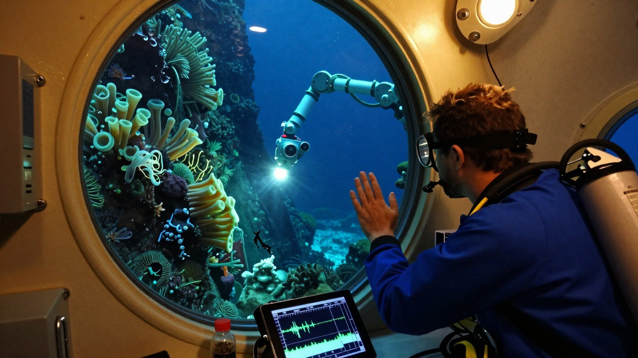 Homem observa e interage com braço robótico em janela de submarino perto de recife de coral submerso.