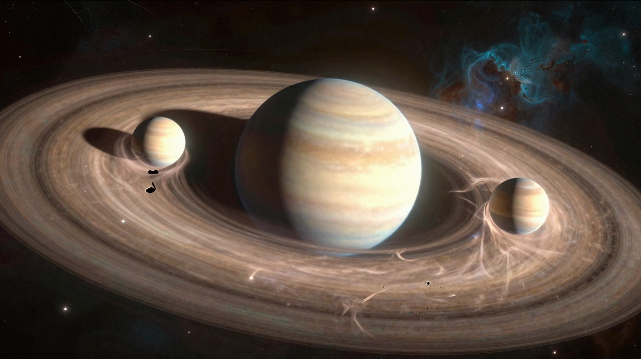 Planetas gigantes cercados por anéis brilhantes em um espaço estrelado com nebulosa ao fundo.