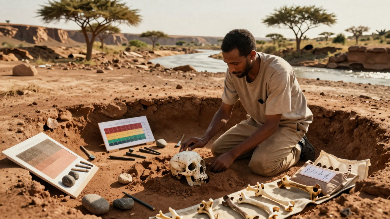 Arqueólogo escavando e estudando ossos humanos em sítio arqueológico desértico próximo a rio.