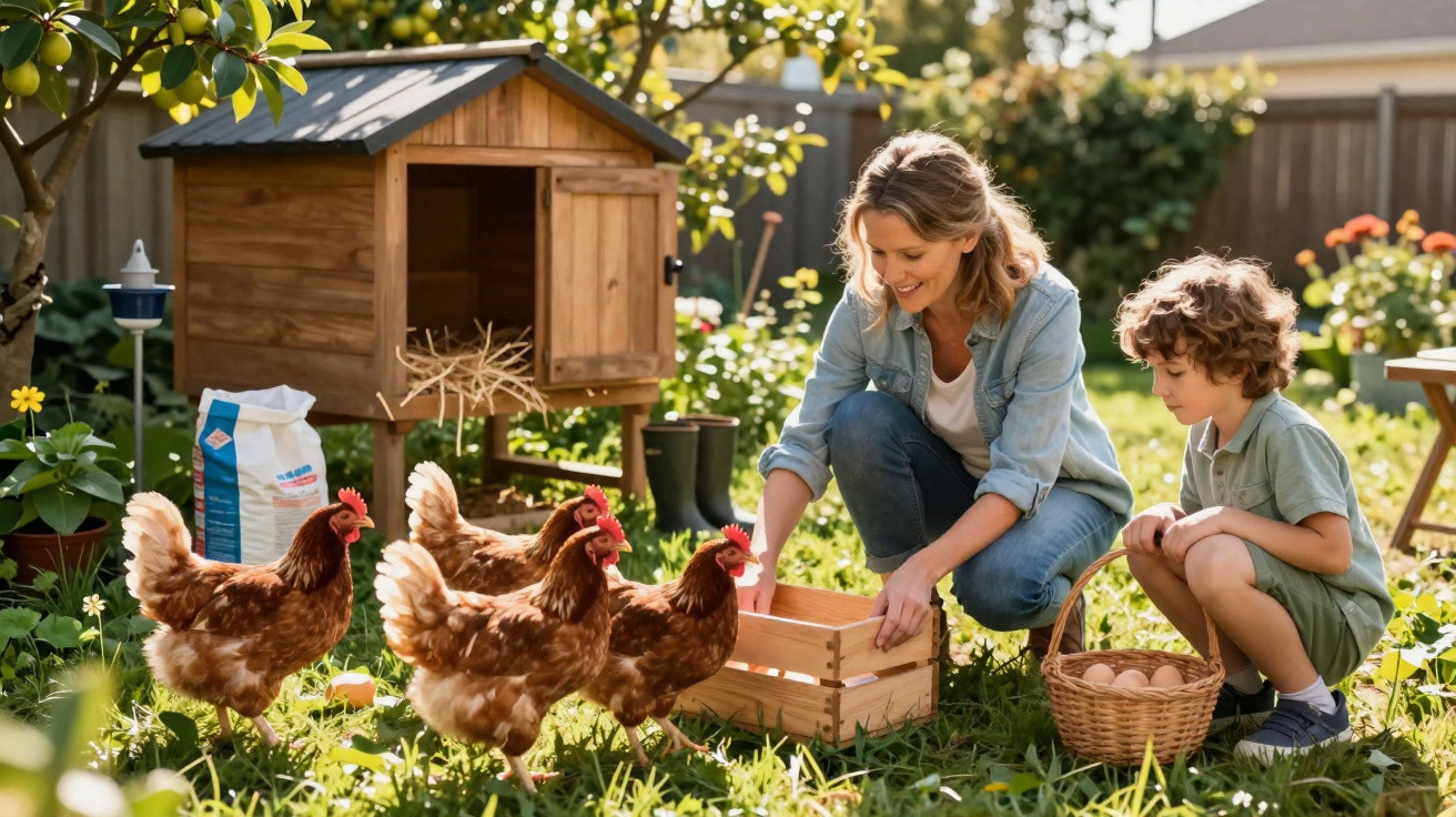 Mulher e criança recolhendo ovos em cesta próximo a galinhas e um galinheiro no jardim ensolarado.
